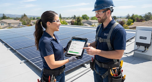 Solar maintenance technicians reviewing a digital audit checklist